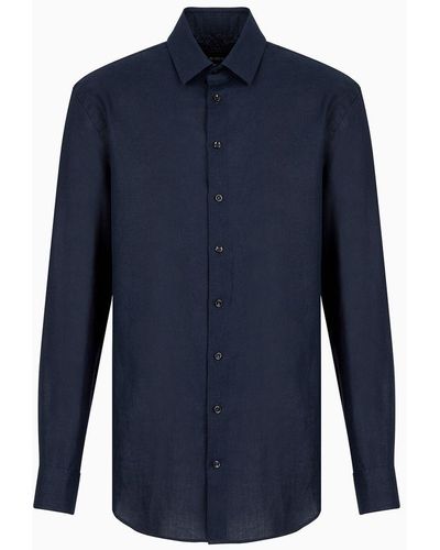 Giorgio Armani Camicia Regular Fit In Lino - Blu