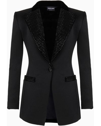 Giorgio Armani Single-breasted Jacket In Double Jersey And Velvet With Embroidery - Black