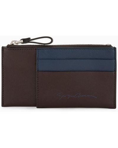 Giorgio Armani Two-tone Leather Credit Card Holder With Money Clip - Blue