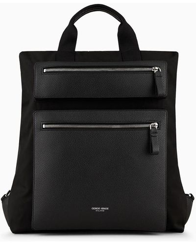 Giorgio Armani Sac Cabas Convertible En Nylon Et Cuir Grainé Armani Sustainability Values - Noir