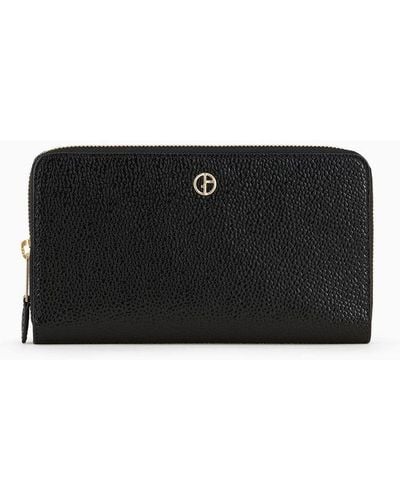 Giorgio Armani La Prima Wrap-around Zip Wallet In Pebbled Patent Leather - Black