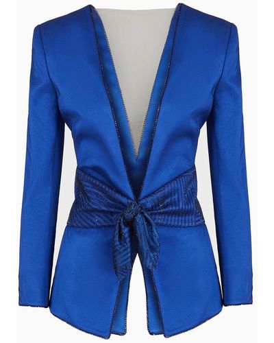 Giorgio Armani Silk, Single-breasted Jacket With Embroidered Belt - Blue