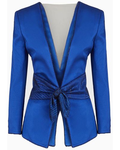 Giorgio Armani Veste À Simple Boutonnage En Soie Avec Ceinture Brodée - Bleu