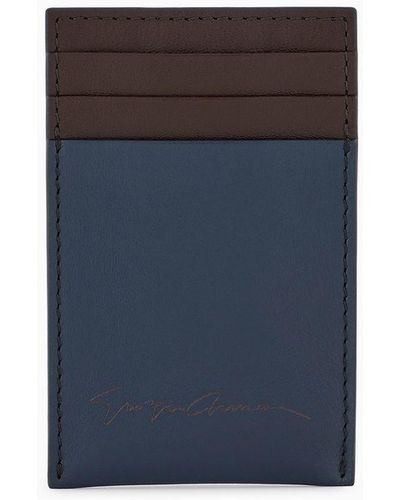 Giorgio Armani Porte-cartes De Crédit En Cuir Bicolore Avec Pince À Billets - Bleu