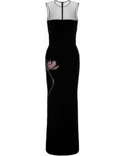 Giorgio Armani Long Velvet Dress With Floral Embroidery - Black