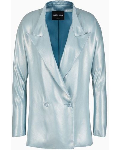 Giorgio Armani Double-breasted Jacket In Laminated Viscose Satin - Blue