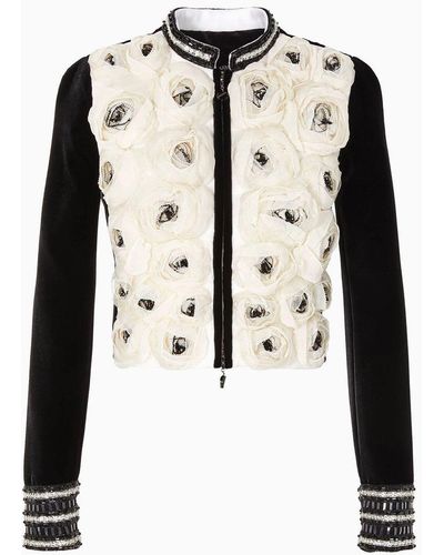 Giorgio Armani Short Velvet Jacket With Embroidered Roses - Black