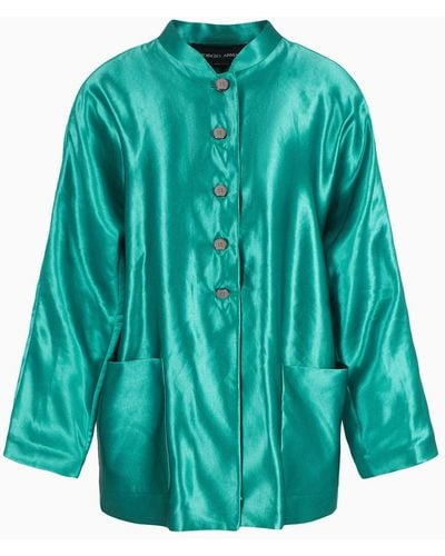 Giorgio Armani Pea Jacket In Silk And Linen - Blue