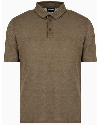 Giorgio Armani Short-sleeved Polo Shirt In Pure Linen Jersey - Green