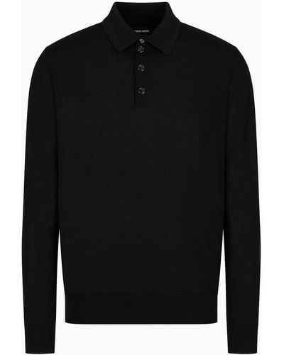 Giorgio Armani Long-sleeved Polo Shirt In Virgin Wool - Black