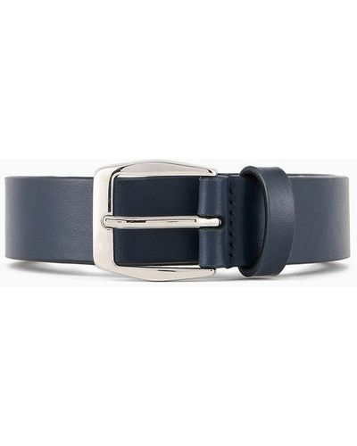 Giorgio Armani Leather Belt With Embroidered Logo - Blue