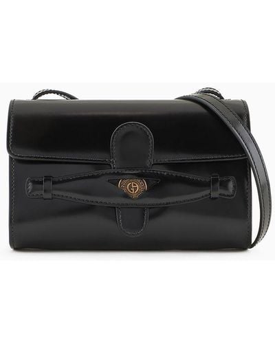 Giorgio Armani Small Denim Collection Crossbody Bag In Brushed Leather - Black