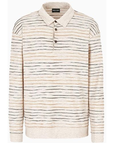 Giorgio Armani Long-sleeved Polo Shirt In Linen, Cotton And Viscose Jersey Jacquard - White