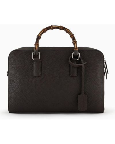 Giorgio Armani Tumbled Leather Briefcase With Bamboo Handles - Black