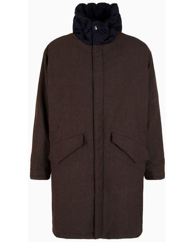 Giorgio Armani Hooded Pea Coat In Crinkled Wool Flannel - Brown