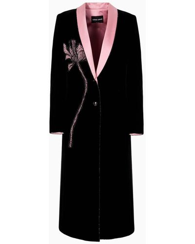 Giorgio Armani Single-breasted Velvet Coat With Floral Embroidery - Black