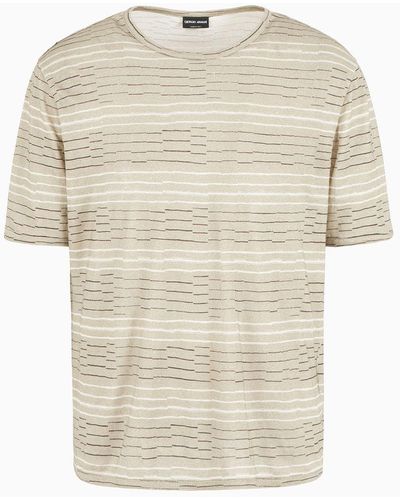 Giorgio Armani Camiseta De Cuello Redondo En Lino Con Estampado A Rayas Irregulares - Blanco