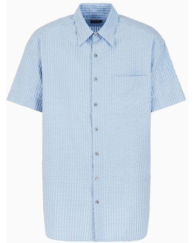 Giorgio Armani Short-sleeved Cotton And Silk Seersucker Oversized Shirt - Blue