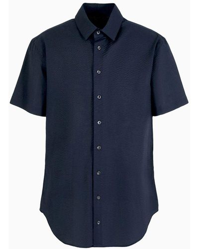 Giorgio Armani Cotton Seersucker Shirt In A Regular Fit With Short Sleeves - Blue