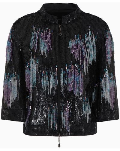 Giorgio Armani Short Jacket In Embroidered Silk Organza - Black