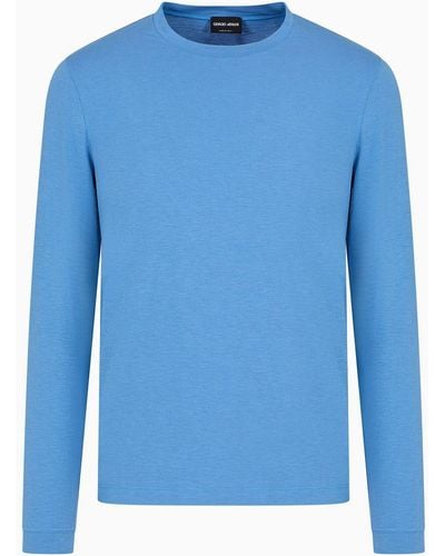 Giorgio Armani Stretch Viscose Jersey Jumper With Crew Neck And Long Sleeves - Blue