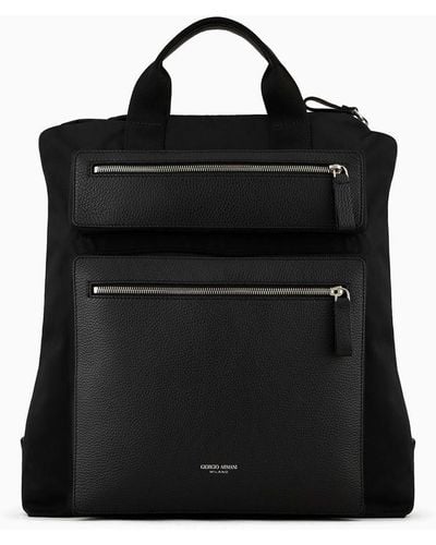 Giorgio Armani Convertible Shopper Bag In Nylon And Pebbled Leather - Black