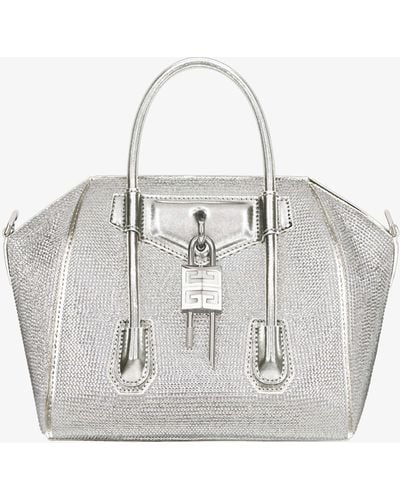Givenchy Mini Antigona Lock Bag In Satin, Strass And Leather - White