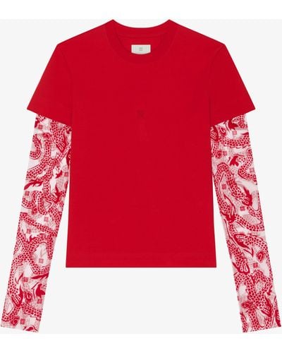 Givenchy T-shirt sovrapposta in cotone e tulle 4G Dragon - Rosso