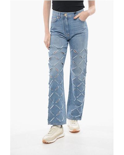 Versace Perforated Cotton Stright Fit Denims 24Cm - Blue