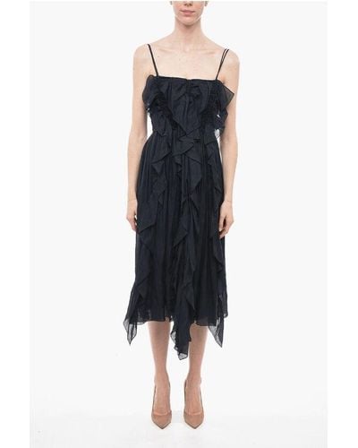 Chloé Ruffle Ramie Midi Dress With Back Zip - Black