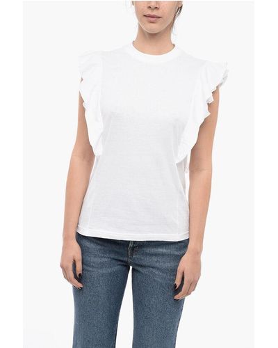 Chloé Crew Neck Stretch Cotton T-Shirt With Ruffled Sleeves - White