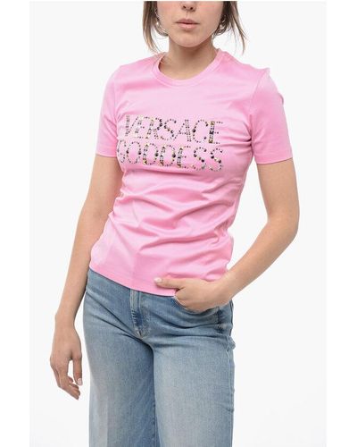 Versace Cottton Goddes T-Shirt With Studs - Pink