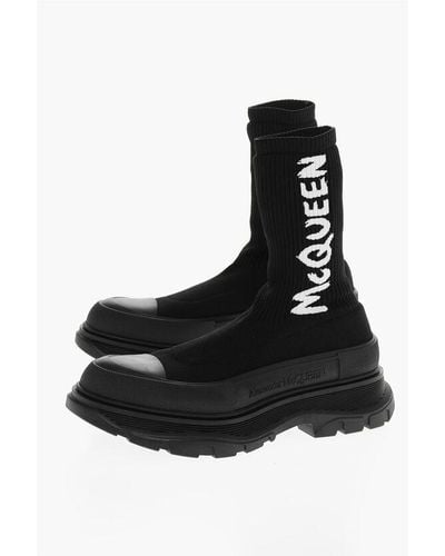 Alexander McQueen High Top Sock Trainers With Contrasting Embroidered Logo - Black
