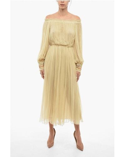 Chloé Silk Crepe Dress With Off-The-Shoulder Sleeves - Metallic