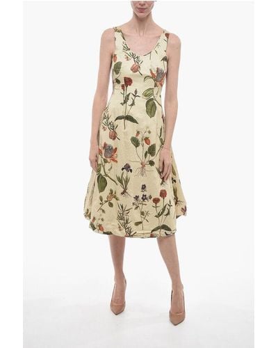 Paul Harnden Cotton Flred Midi Dress With Floral Motif - Natural