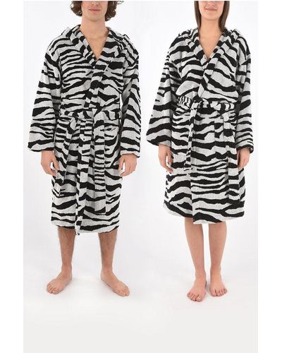 Roberto Cavalli Home Zebra Patterned Cotton Bathrobe With Hood - Black