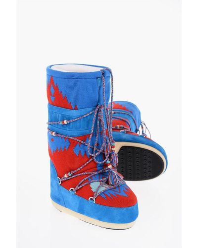 Moon Boot Alanui Jacquard And Suede Snow Boots With Beads Detail - Blue