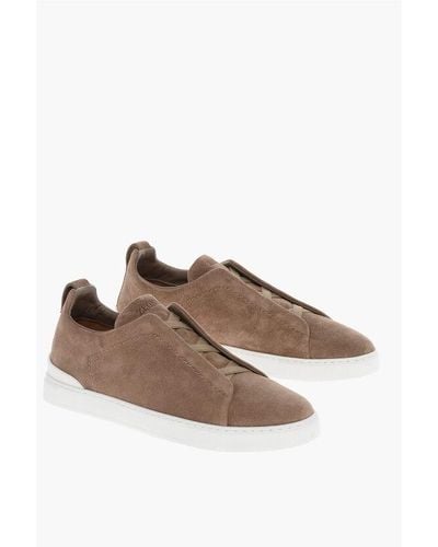 ZEGNA Suede Triple Stitch Low Top Trainers - Brown