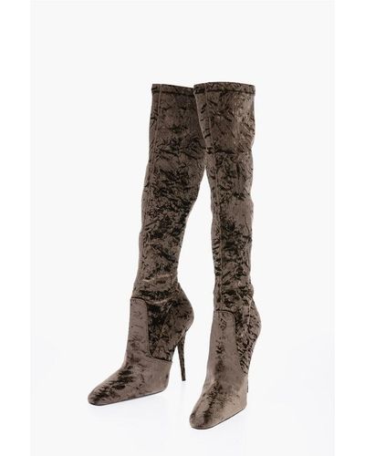 Saint Laurent Pointed Velour Knee-Lenght Boots Heel 11 Cm - Grey