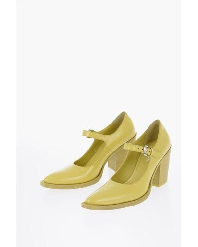 Prada Pointed Brushed Leather Maryjanes Heel 9 Cm - Yellow