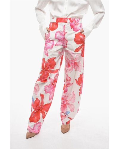 The Attico Wide Leg High-Waisted Trousers With Floral Print - Red
