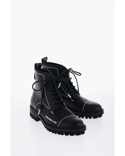 DSquared² Leather Outline Story Combat Boots With Contrast Trim - Black