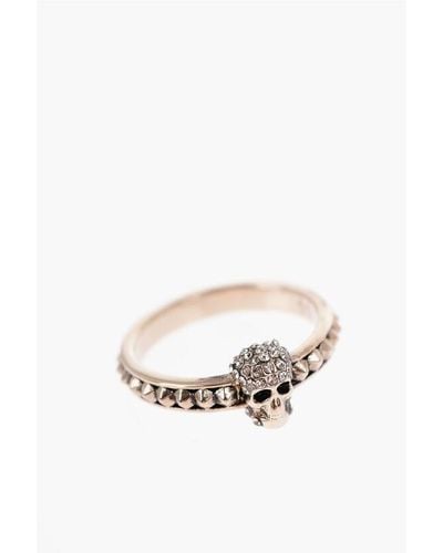 Alexander McQueen Microstudded Skull Brass Ring With Crystals - White