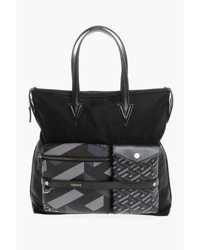 Versace La Greca Patterned Handbag With Leather Detailing - Black