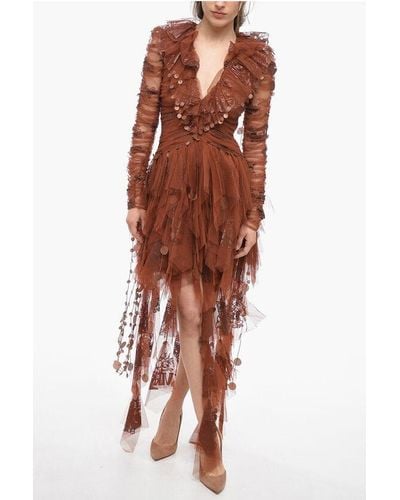 Zimmermann Tulle Ruffled Dress With Glittered Detail - Brown