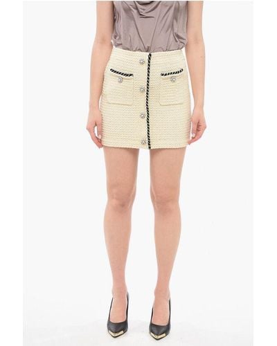 Self-Portrait Sequin Knit Miniskirt With Crystal Buttons - Natural