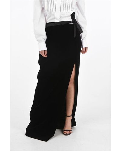 Saint Laurent Velvet Long Skirt With Front Split And Silk Belt - Black