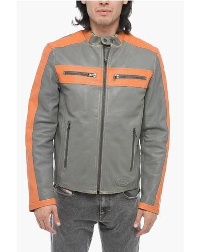 DIESEL Leather L-Muse Padded Jacket With Vintage Effect - Grey