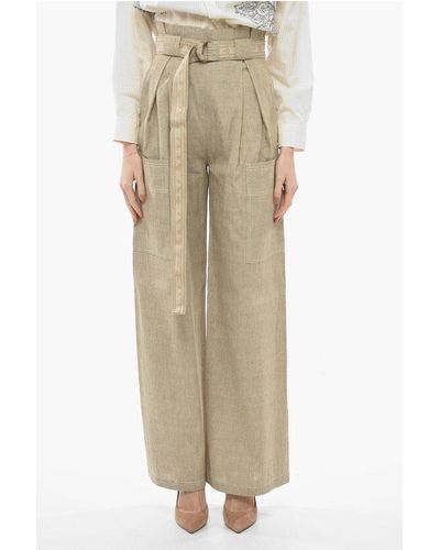Max Mara Linen Blend Slogan Trousers With Gathers - Natural