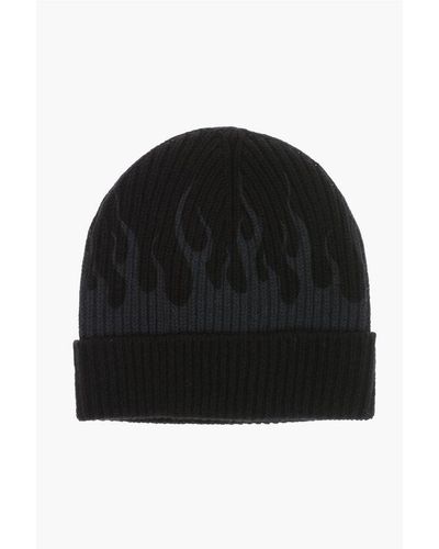 Vision Of Super Ribbed Beanie With Flames Print - Black